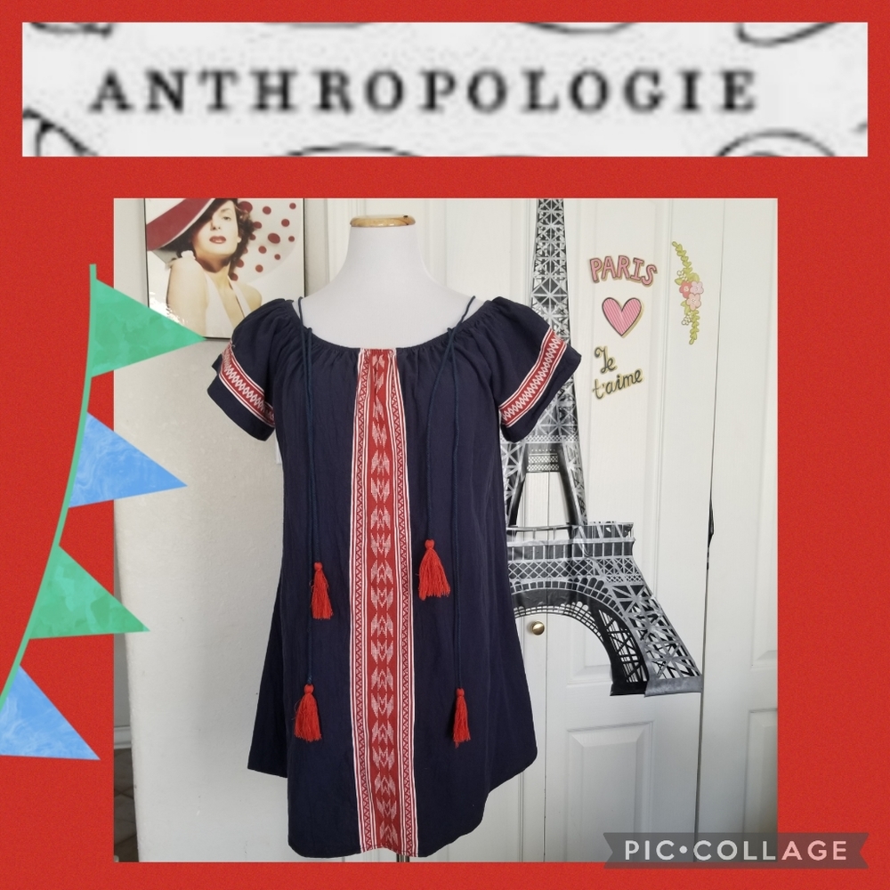 Anthropologie Thml Embroidered Boho Navy Blue Slip Dress